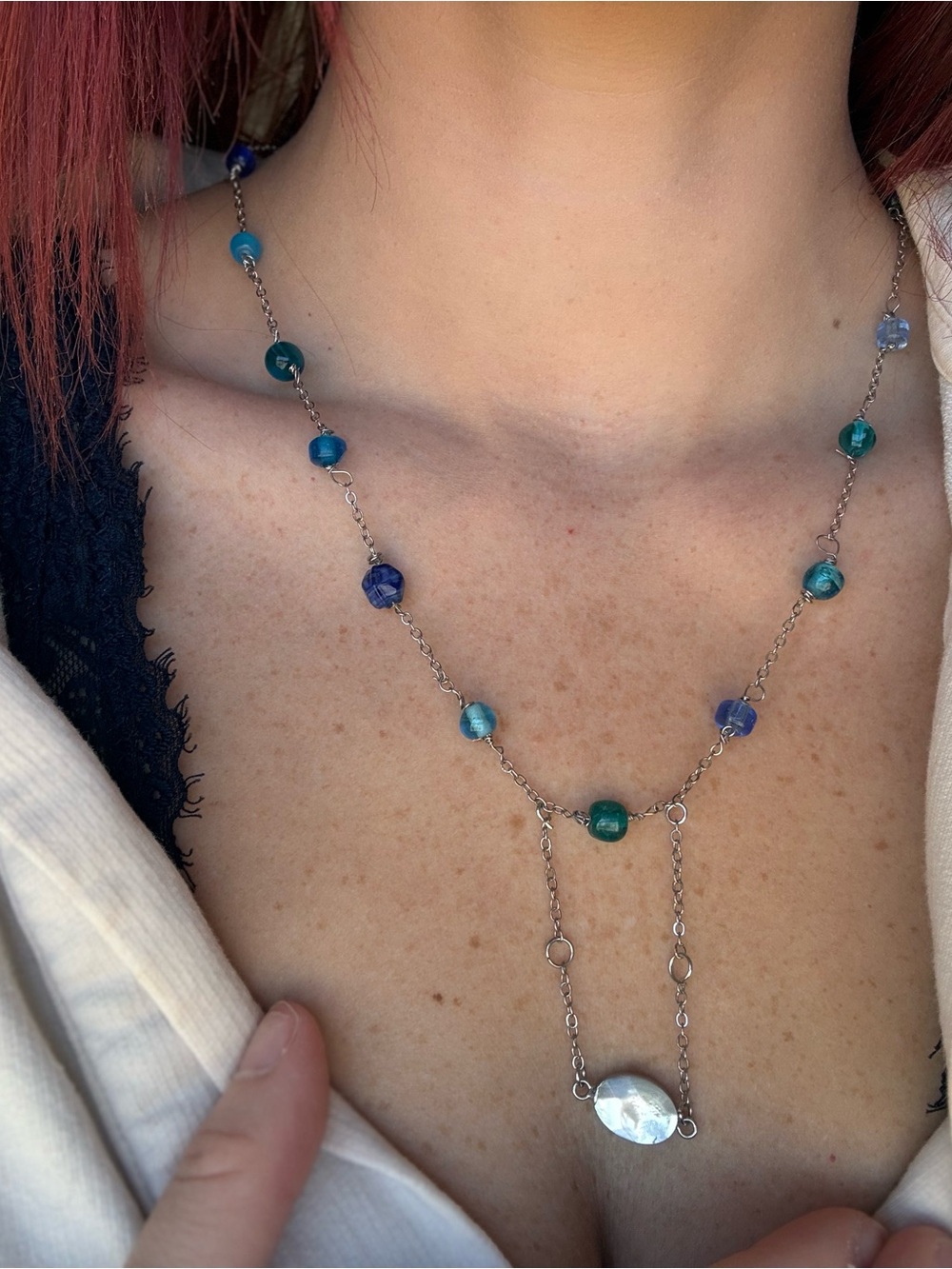 Handcrafted Blue-Green Beaded Pendant Necklace
